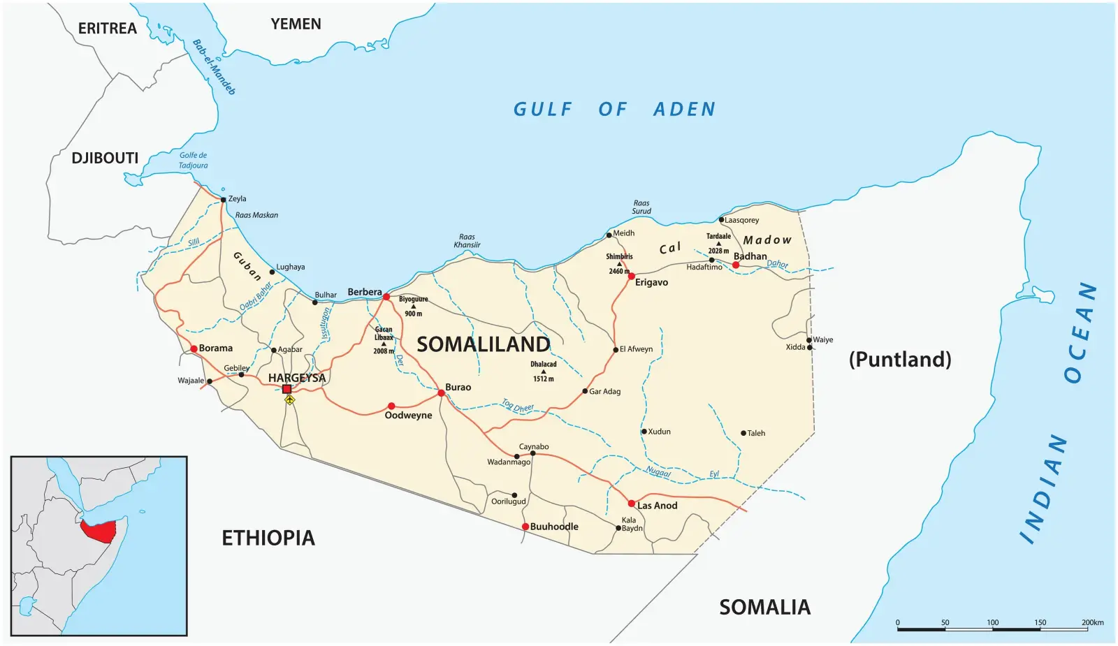 Political map of Somaliland showing borders, major cities like Hargeisa and Berbera, and its location along the Gulf of Aden in the Horn of Africa.