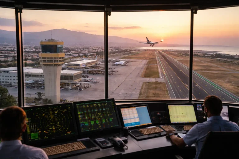 Spain Travel And Tourism News 4 Air traffic controllers working inside a tower overlooking runway at a Spanish airport during sunset