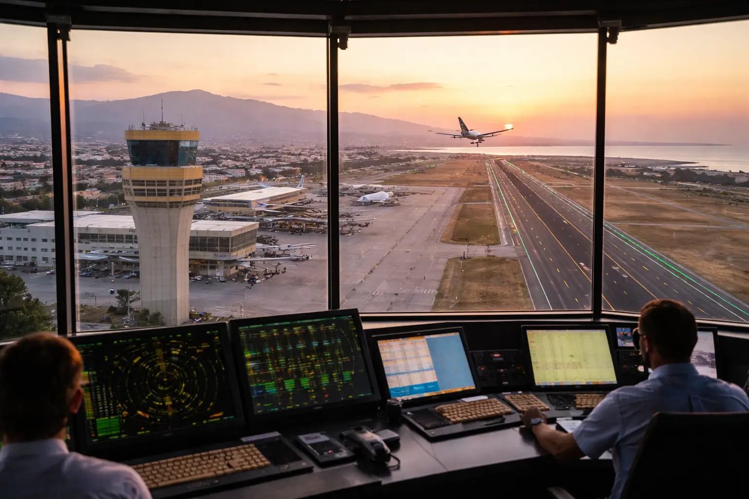 Air traffic controllers working inside a tower overlooking runway at a Spanish airport during sunset