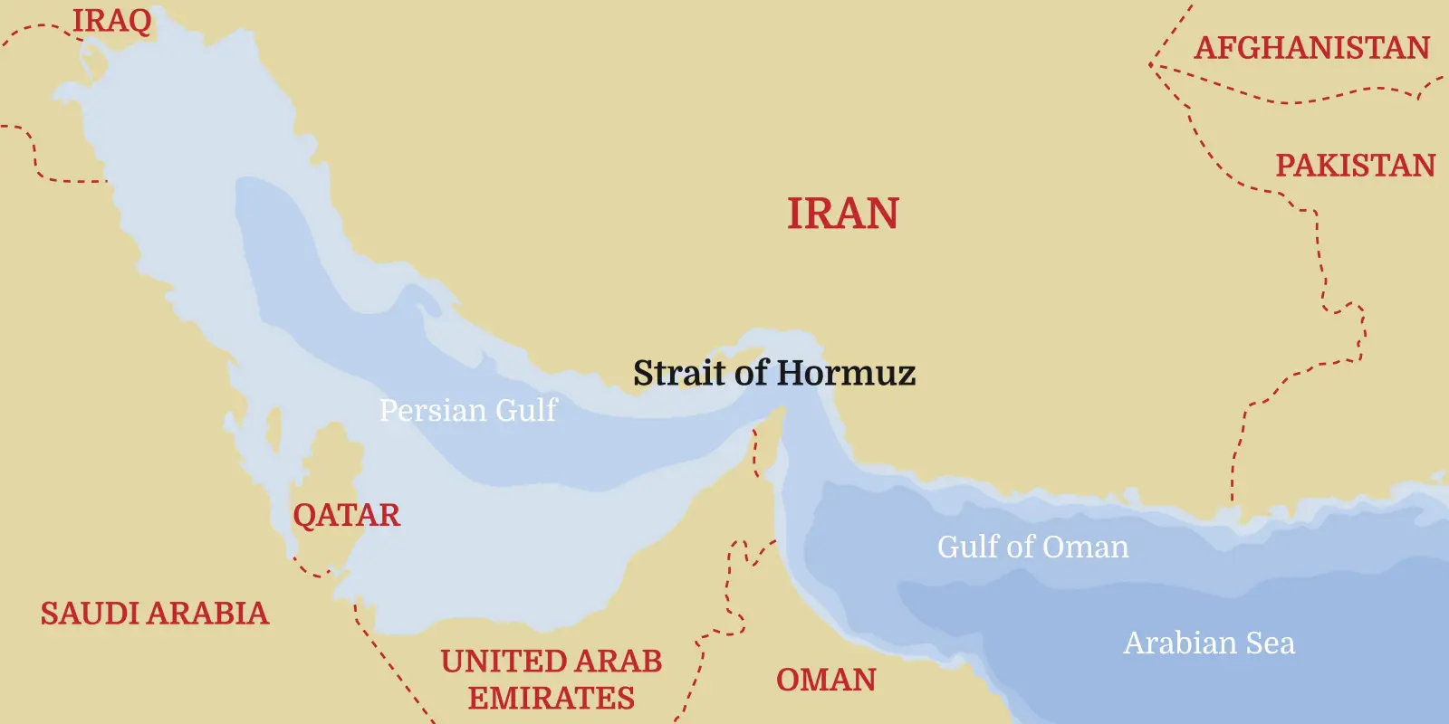 Map of the Strait of Hormuz showing Iran, Oman, UAE and surrounding Gulf waters
