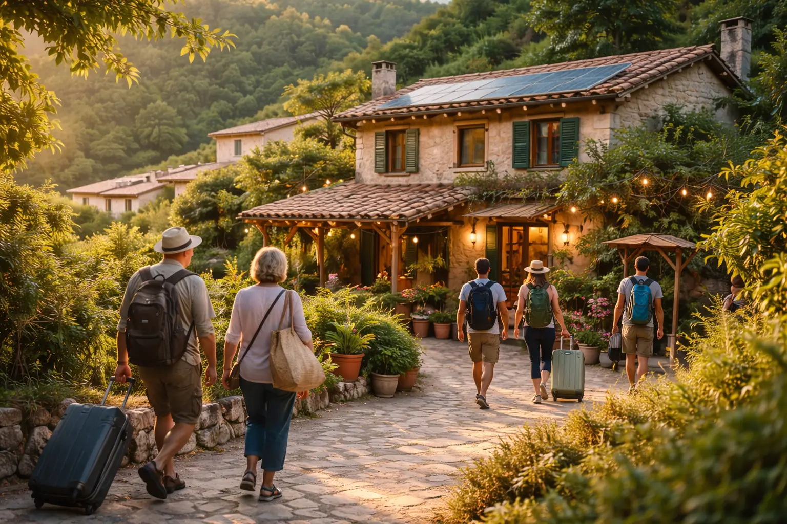 Multigenerational travellers arrive at a sustainable boutique hotel in a lush hillside village at sunset with solar panels and garden plants