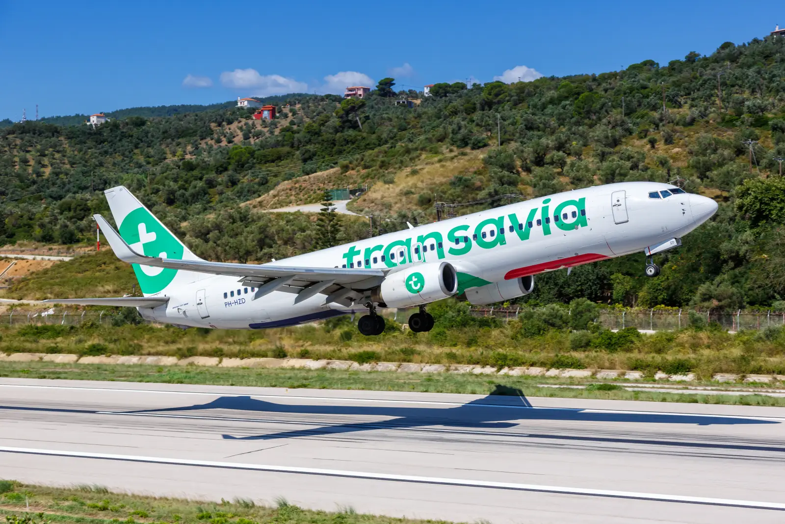 Transavia Boeing 737 aircraft taking off from airport runway