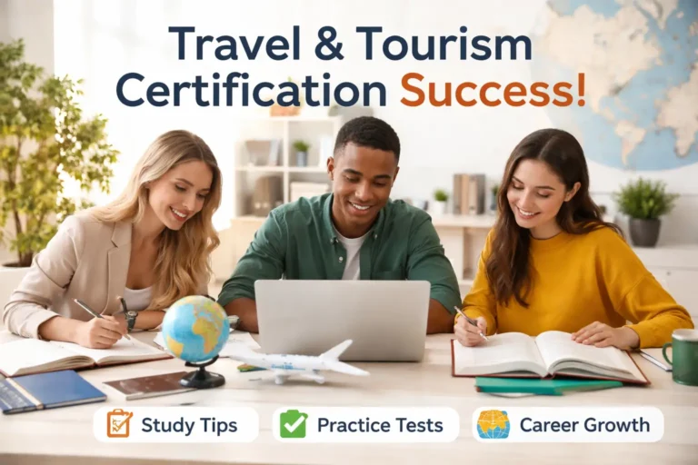 Other News 17 Students preparing for travel and tourism certification exams at a desk with a laptop, globe and study materials in a bright classroom setting.