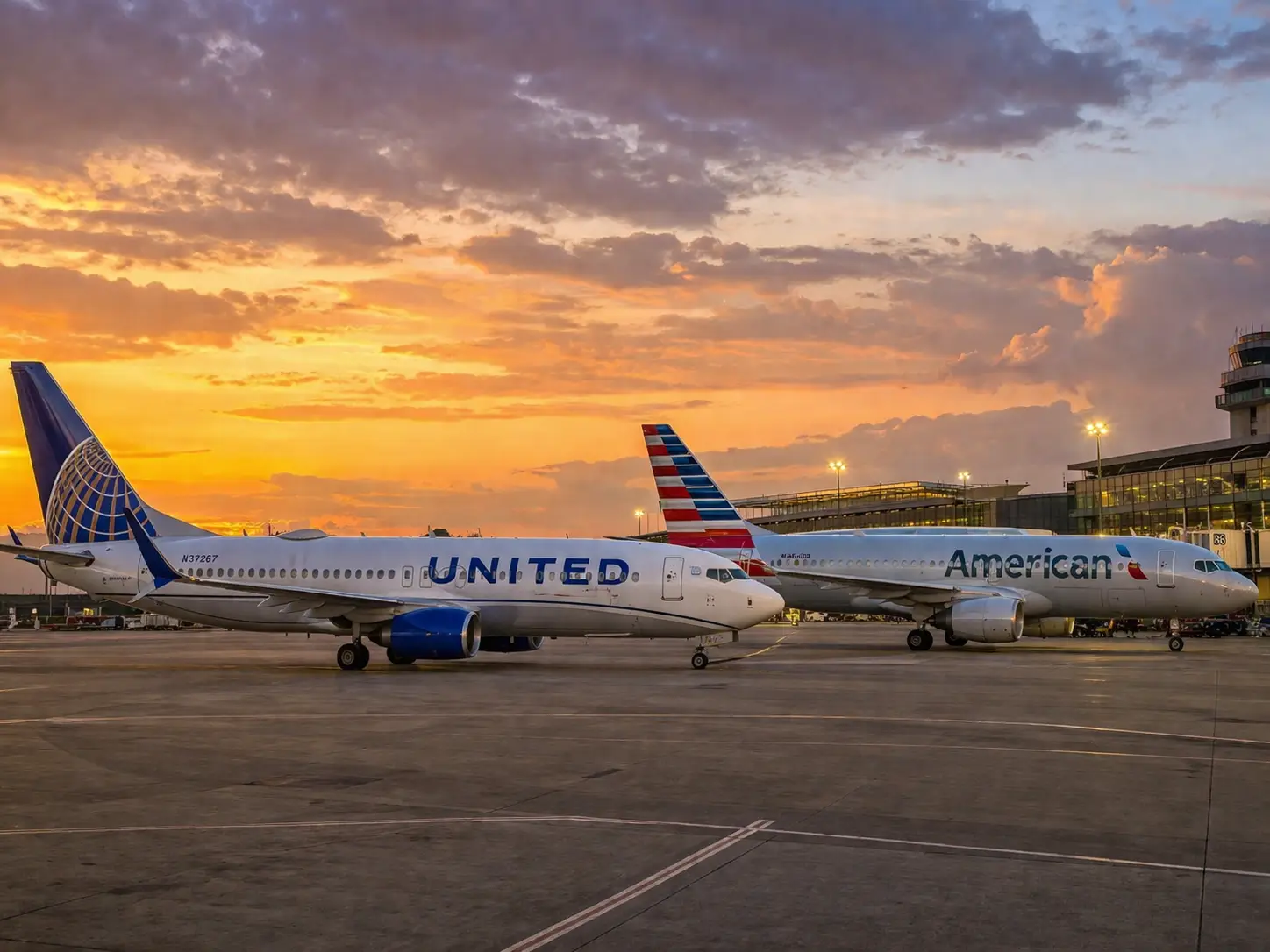 United Airlines and American Airlines passenger jets parked side by side on an airport tarmac at dusk with a golden sunset sky and terminal buildings in the background.