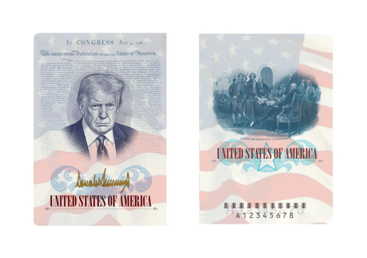 Mock-up of the limited-edition US commemorative passport showing President Donald Trump's portrait set against text from the Declaration of Independence, with his gold signature beneath, released by the State Department on April 28, 2026.