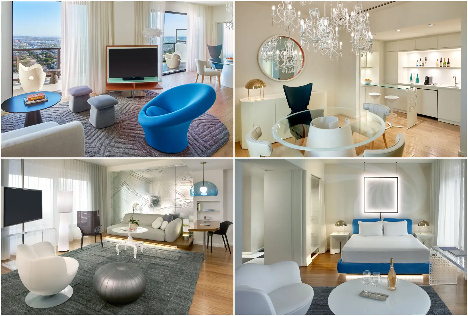 The Valorian Los Angeles, Curio Collection By Hilton Opens, Taking Over From Mondrian Los Angeles 5 Guest rooms and suites at The Valorian Los Angeles featuring modern interiors, lounge seating, dining area and bedroom with city views