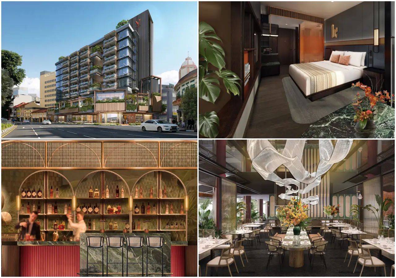Varel Singapore hotel collage showing the exterior facade, a stylish guestroom, Saga Bar cocktail lounge, and Hathaway Autograph all-day dining restaurant