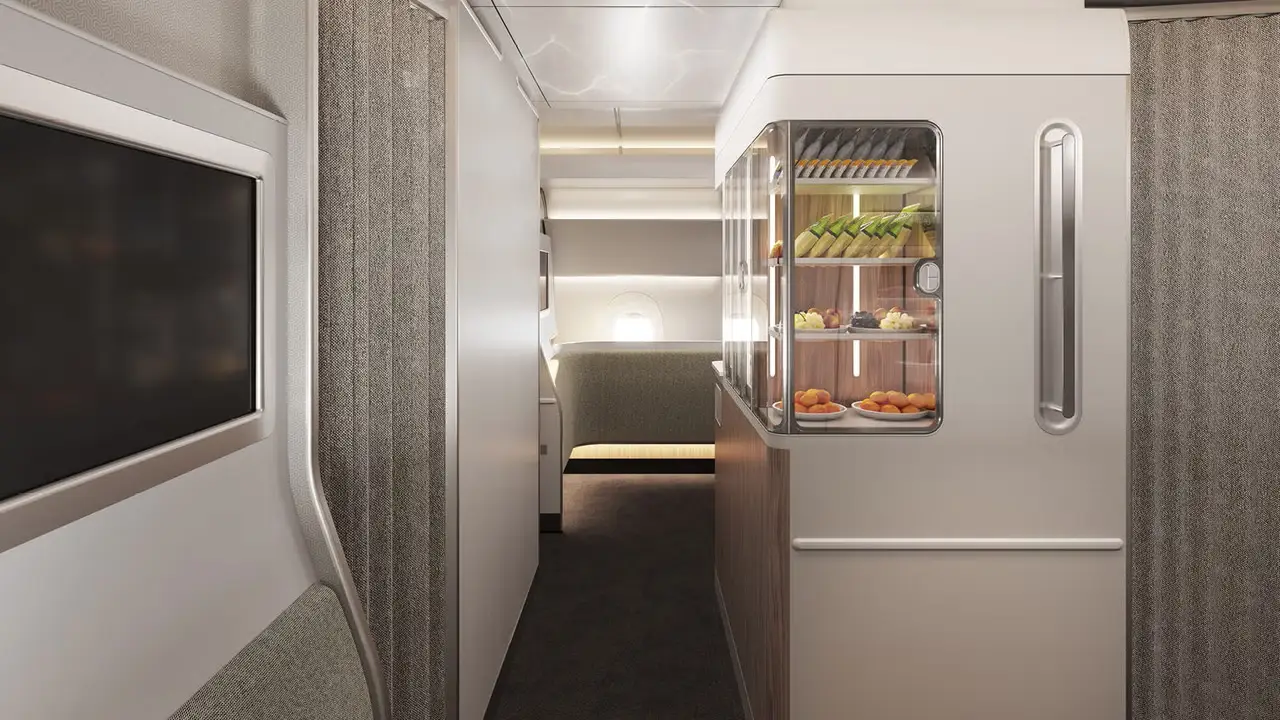 Qantas A350 Wellbeing Zone onboard refreshment area with self-serve snack bar, soft lighting and modern cabin design.