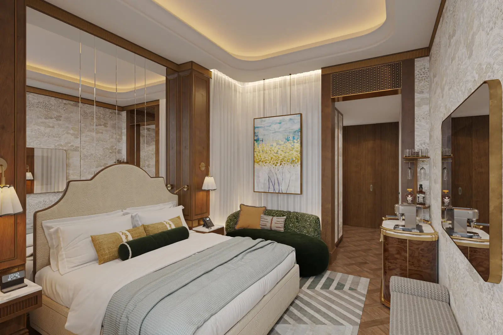 Architectural rendering of a standard room at The WestDill Mayfair Hotel London, featuring a king bed with an arched upholstered headboard, warm walnut wood panelling, gold accents, a green velvet sofa, herringbone parquet flooring, and a minibar vanity unit