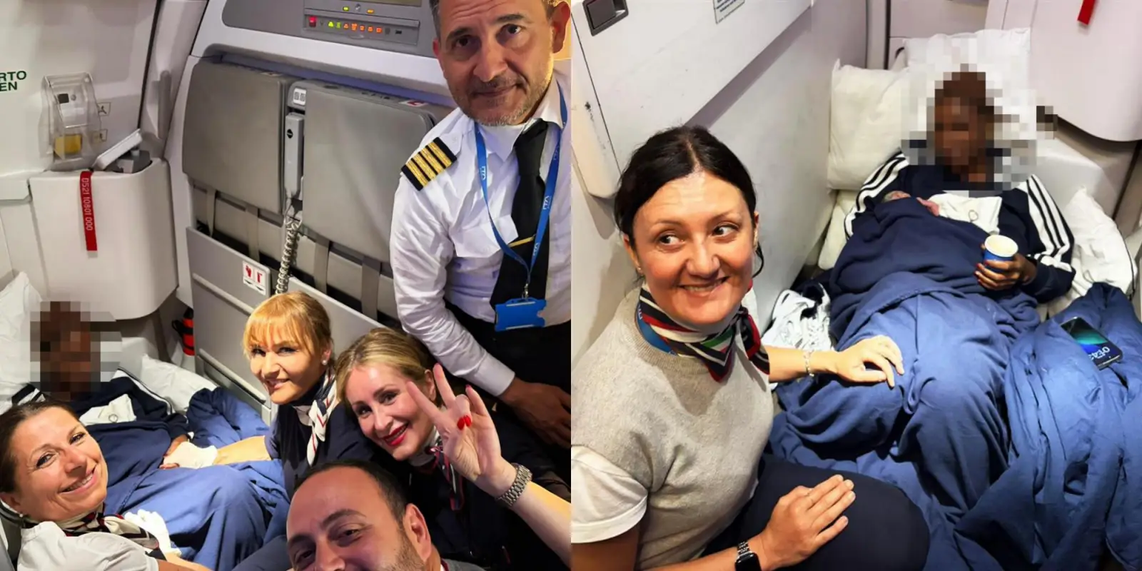 ITA Airways crew with mother and newborn after mid-flight birth on flight AZ855