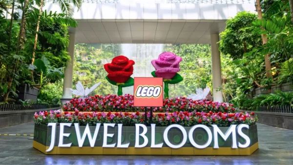 Large LEGO rose sculptures and floral displays at Jewel Changi Airport’s LEGO Botanicals showcase in Singapore