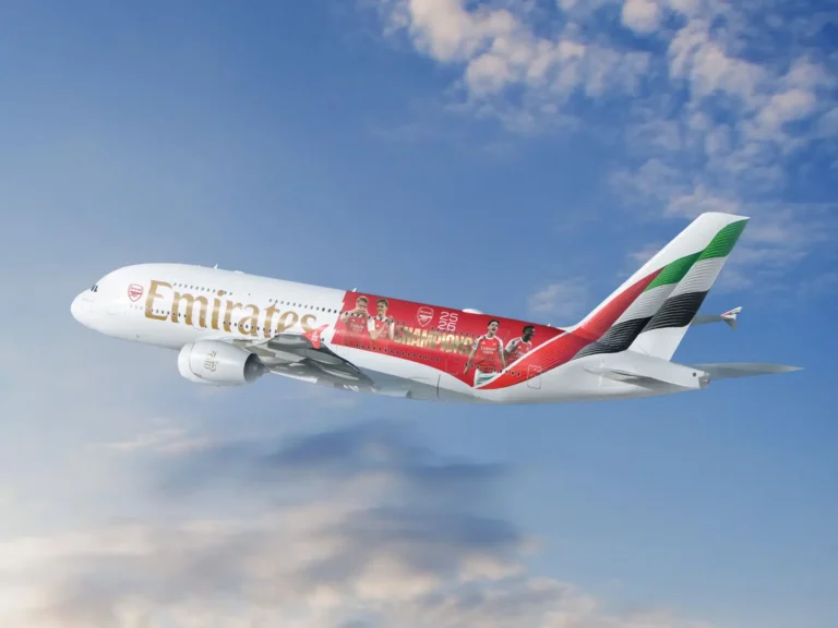 Emirates Airbus A380 featuring special Arsenal Premier League champions livery