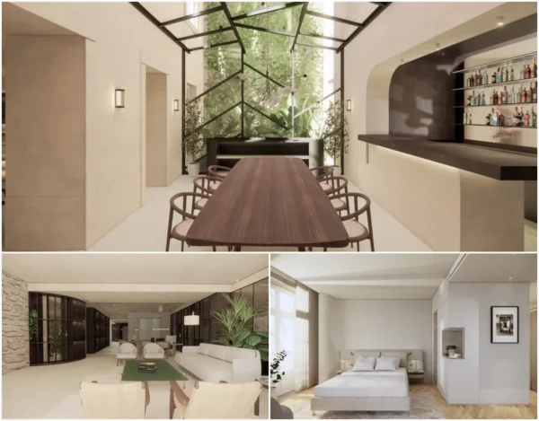 Esperança Hotel Braga dining area, lounge and guest room interior renders