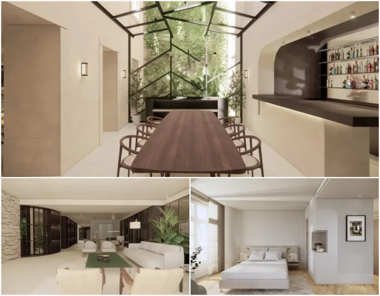 Esperança Hotel Braga dining area, lounge and guest room interior renders