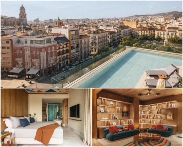 New ME Malaga hotel with rooftop pool, modern guestroom and lounge