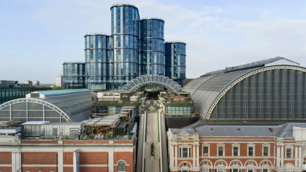 Aerial view of Olympia Way and the Canopy rooftop entrance, London