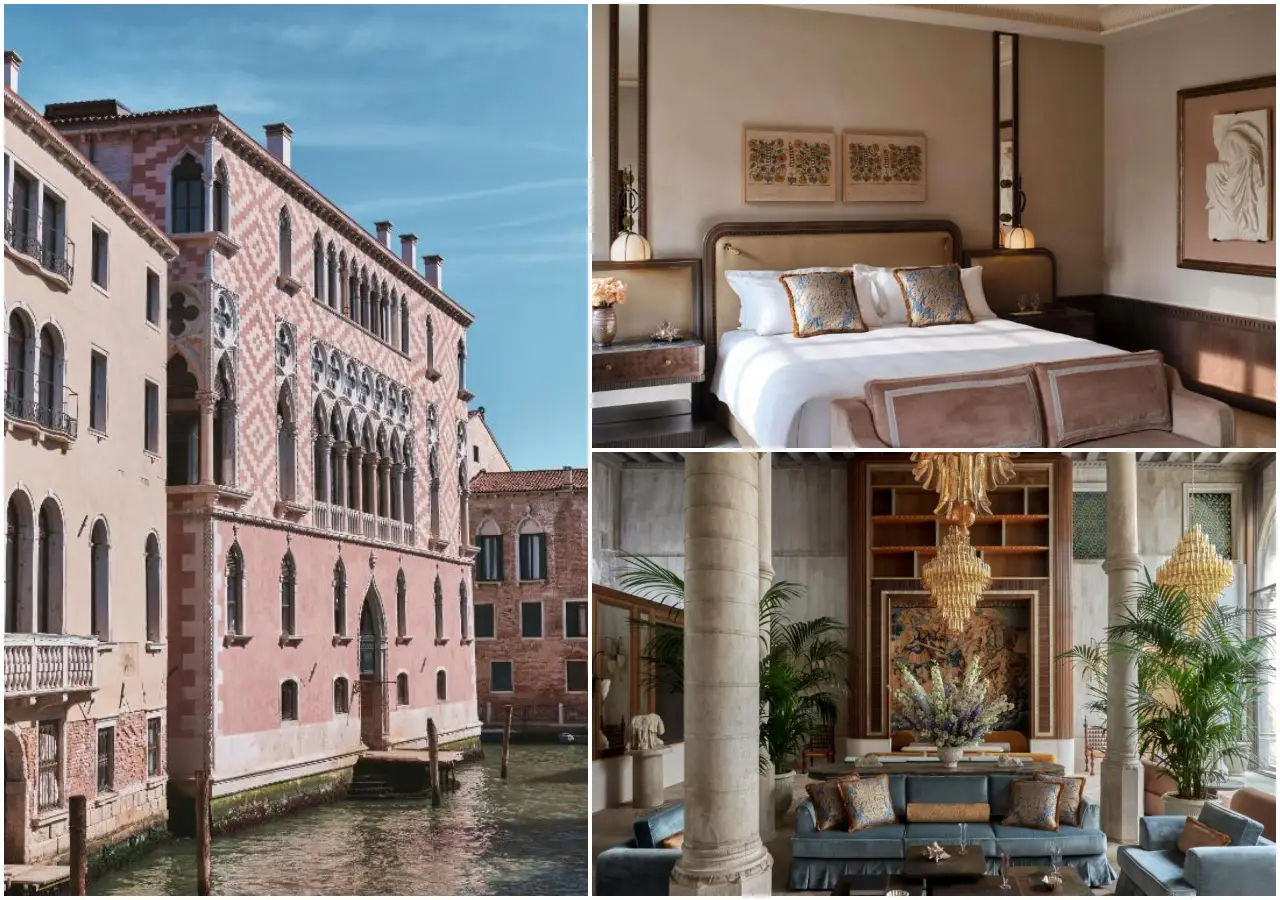 The Most Anticipated Hotel Openings In Venice In 2026 3 A three-panel image of Orient Express Venezia at Palazzo Dona Giovannelli in Venice's Cannaregio district. The left panel shows the restored pink and terracotta Gothic facade of the 15th-century palazzo rising directly from a canal. The top right panel shows an elegantly furnished guest suite with a upholstered bed, warm neutral tones, decorative blue and gold cushions and framed artwork on the walls. The bottom right panel shows the hotel lobby salon featuring stone columns, blue velvet sofas, tropical plants and a large bespoke gold Murano glass chandelier.