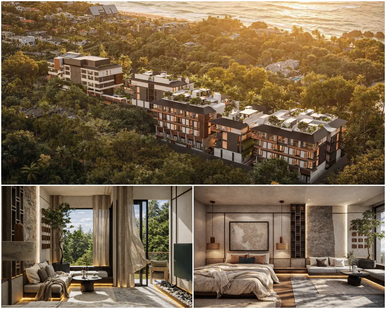 Aerial rendering of the upcoming SONO Felice Bali Canggu hotel in Bali with modern resort buildings surrounded by tropical greenery, plus luxury guest room interiors.