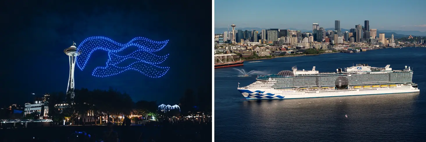 Star Princess cruise ship in Seattle with skyline view and drone show marking Alaska season debut