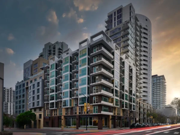 The Margot Hotel exterior in San Diego’s Gaslamp Quarter at sunset, part of Outset Collection by Hilton.