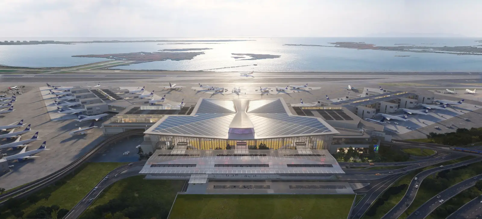 Aerial rendering of the New Terminal One at New York JFK Airport.