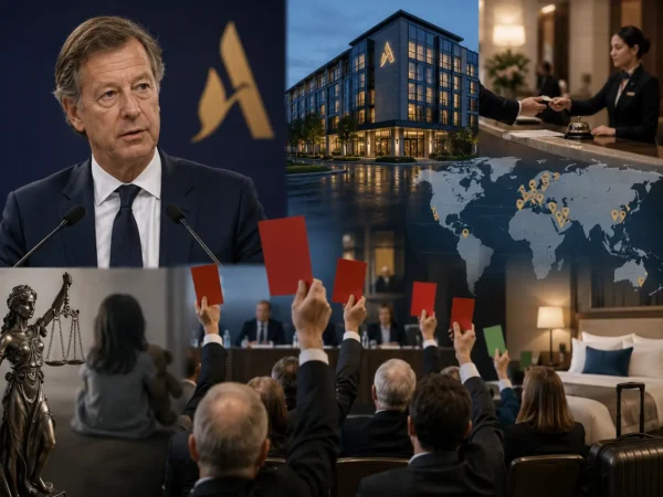 Shareholders raise voting cards during a tense hotel group annual meeting as a luxury hotel and global operations imagery appear in the background.