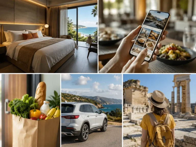 Collage showing boutique hotel stay, mobile travel planning app, grocery delivery, rental car and tourist experiences linked to Airbnb travel services expansion.