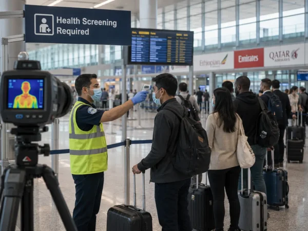 Airport health officer checks a passenger’s temperature at an international airport screening checkpoint as travelers queue beside a thermal imaging camera.