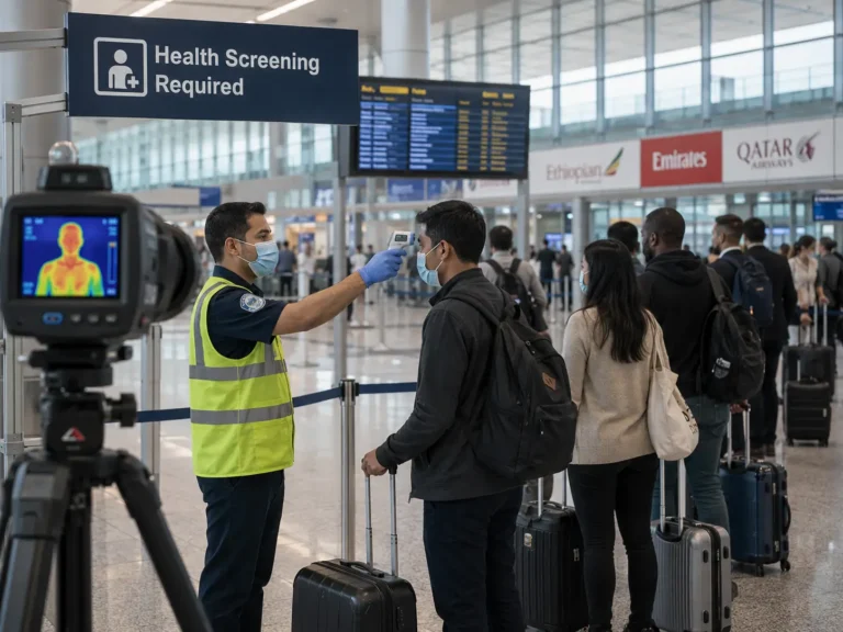 Aviation 20 Airport health officer checks a passenger’s temperature at an international airport screening checkpoint as travelers queue beside a thermal imaging camera.