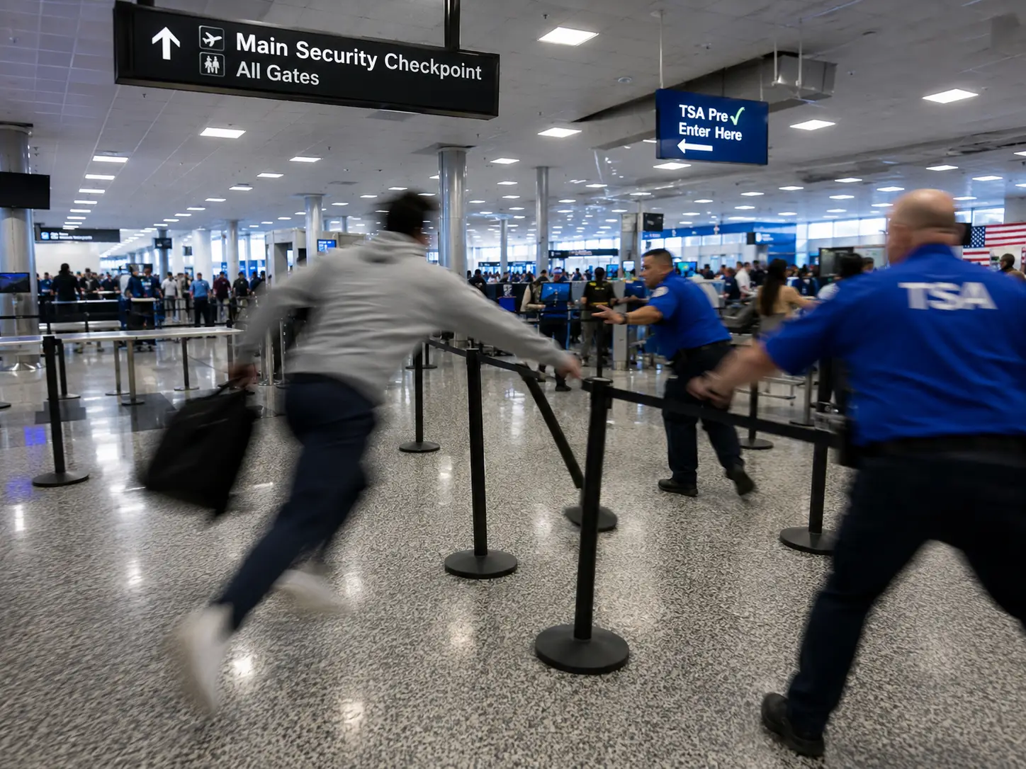 Passenger runs past airport security checkpoint barriers as TSA officers respond inside a busy terminal.