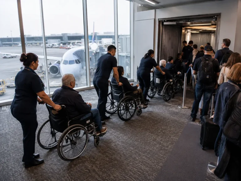 Aviation 17 Passengers in wheelchairs assisted by airport staff near an aircraft boarding gate inside a busy modern airport terminal.