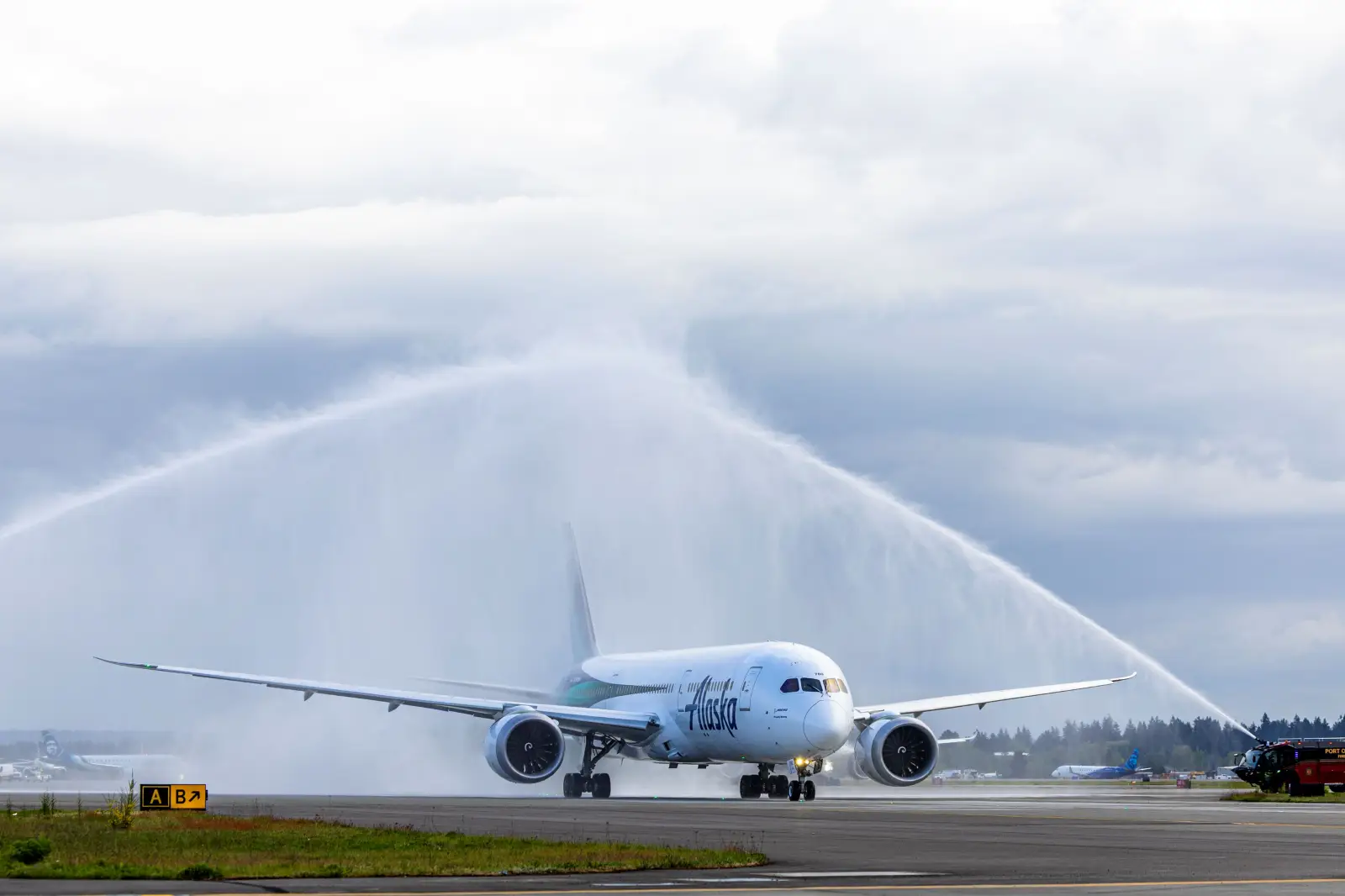 Alaska Airlines Launches Historic First Nonstop Flight Between Seattle And Rome 3 Alaska Airlines Boeing 787 receives water cannon salute at Seattle-Tacoma Airport for Rome inaugural flight