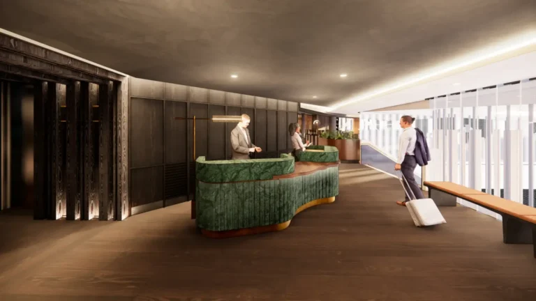 Aviation 32 Rendering of Alaska Airlines’ new premium lounge reception area at Seattle–Tacoma International Airport featuring modern interiors and traveler check-in desks.