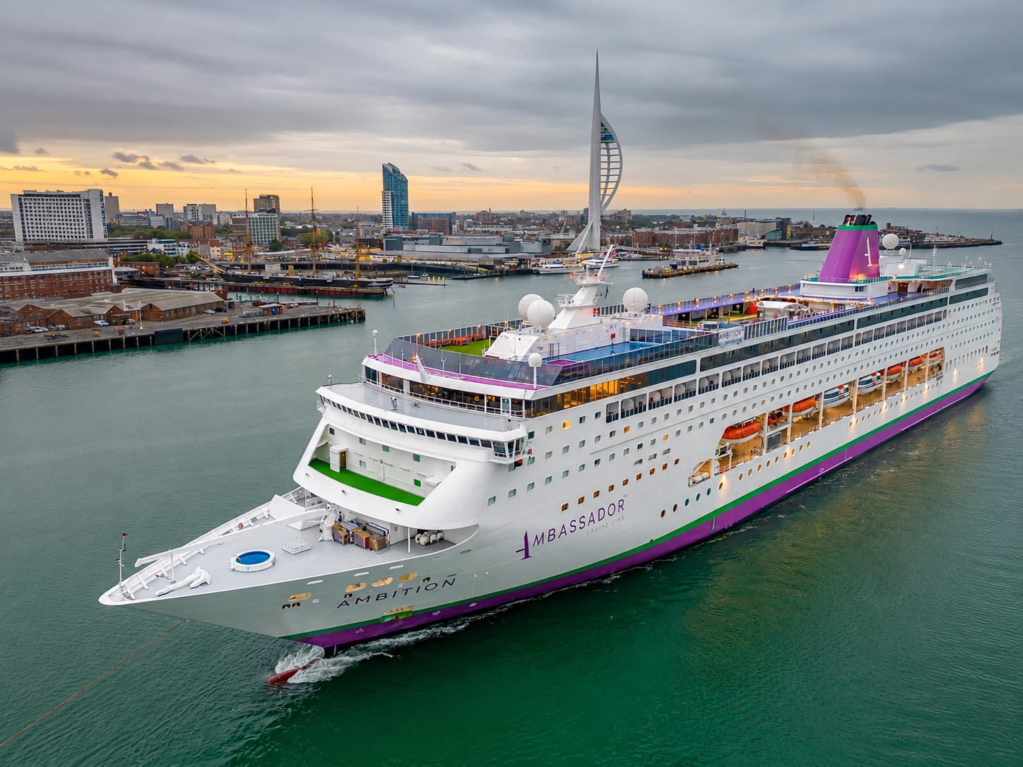 The Ambition cruise ship sails near the Spinnaker Tower in Portsmouth ahead of its voyage to Spain.