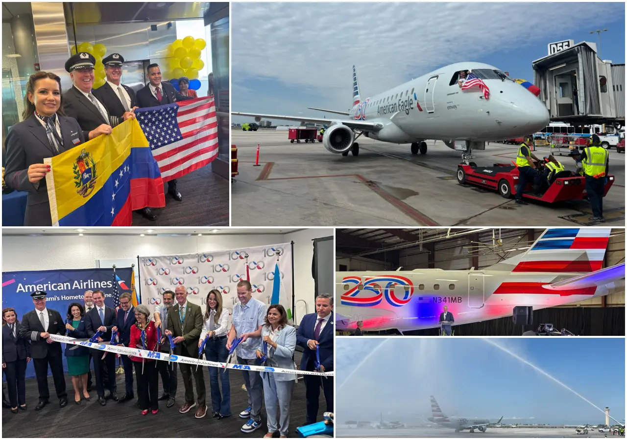 American Airlines and Envoy Air crew celebrate the Miami to Caracas inaugural flight alongside the America250 commemorative Embraer 175