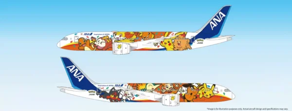 Official render of the ANA Pokémon Jet Red Boeing 787-8 (registration JA819A) showing both port and starboard sides of the aircraft. The fuselage is wrapped in a vibrant orange and white design featuring Pikachu and fire-type first-partner Pokémon including Charmander, Chimchar, Fennekin, Torchic and others against a colourful illustrated background. The ANA navy blue tail and Inspiration of Japan branding are visible on both views.