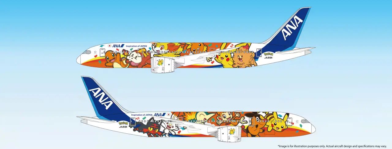 Official render of the ANA Pokémon Jet Red Boeing 787-8 (registration JA819A) showing both port and starboard sides of the aircraft. The fuselage is wrapped in a vibrant orange and white design featuring Pikachu and fire-type first-partner Pokémon including Charmander, Chimchar, Fennekin, Torchic and others against a colourful illustrated background. The ANA navy blue tail and Inspiration of Japan branding are visible on both views.