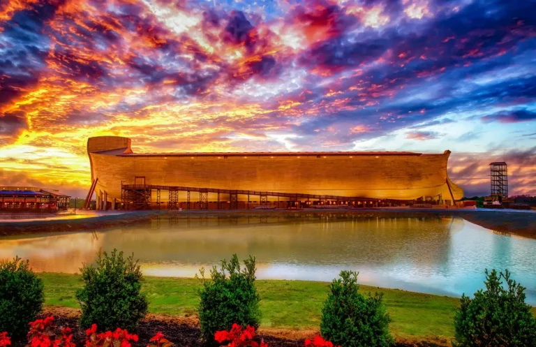 Ark Encounter life-size Noah's Ark replica at sunset, Williamstown, Kentucky