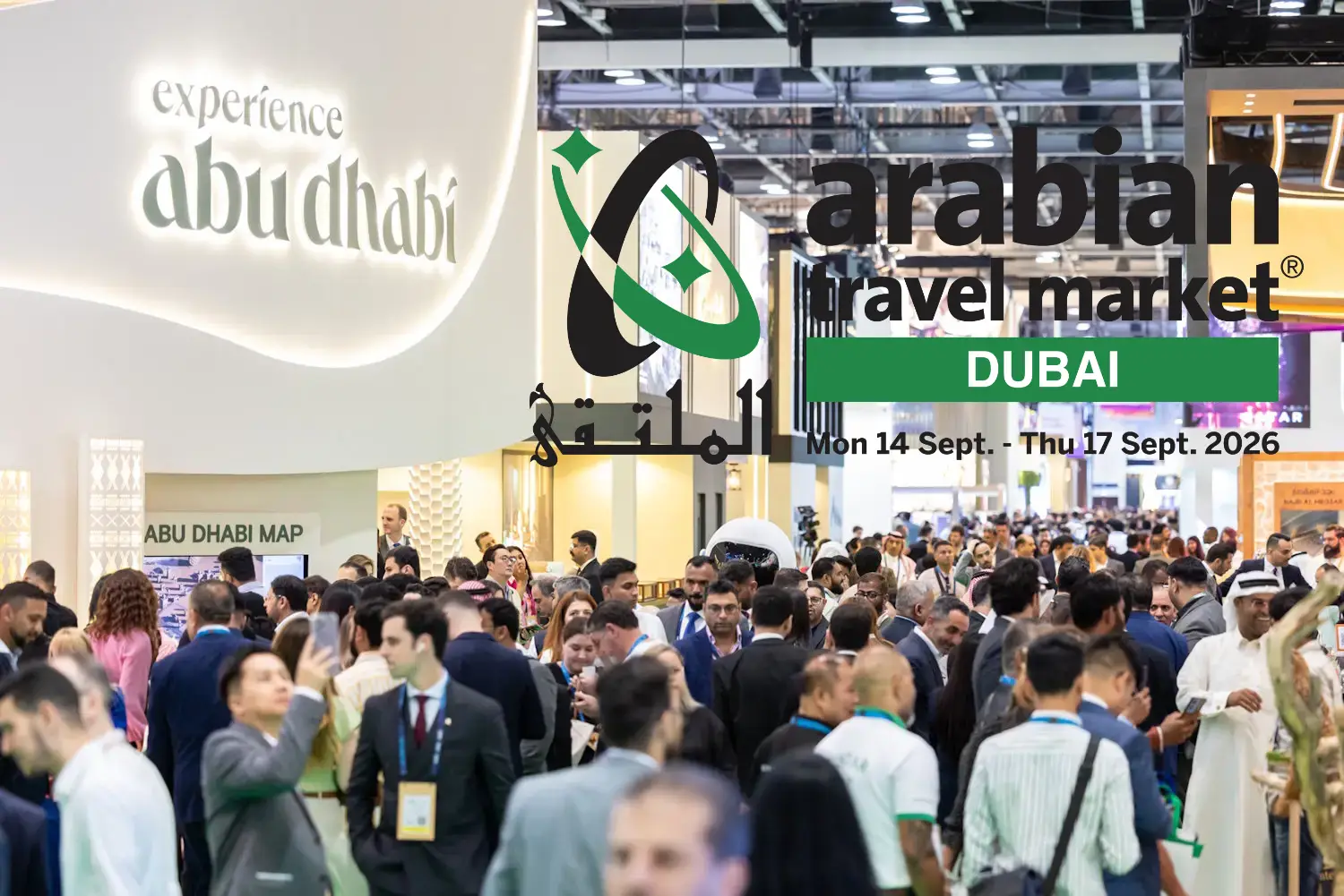 Crowds of travel industry professionals at the Arabian Travel Market exhibition in Dubai during ATM 2026 announcement event.