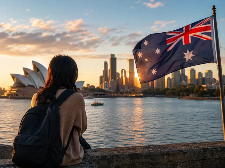 Woman overlooking Sydney Harbour with the Australian flag and skyline at sunset, illustrating Australia protection visa and migration themes.