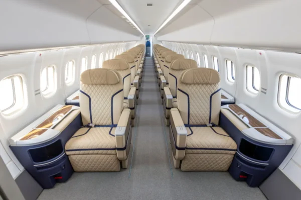 Interior of Berjaya Air’s ATR 72-600 all-business class aircraft with spacious leather seats in a 1-by-1 layout