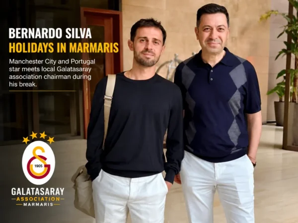 Manchester City star Bernardo Silva posing with a Galatasaray association chairman during a holiday visit in Marmaris