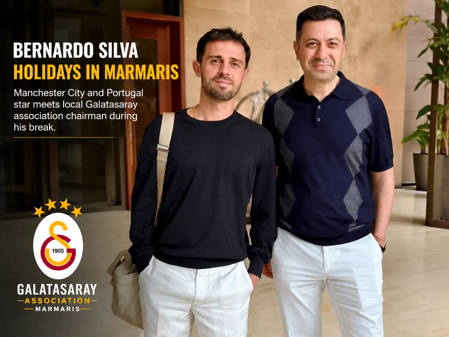 Manchester City star Bernardo Silva posing with a Galatasaray association chairman during a holiday visit in Marmaris