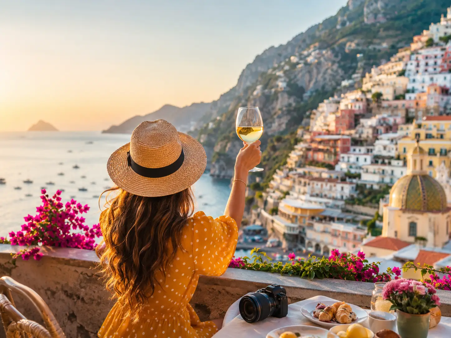 Woman enjoying a sunset birthday getaway overlooking a Mediterranean coastal town in Europe during summer travel season.