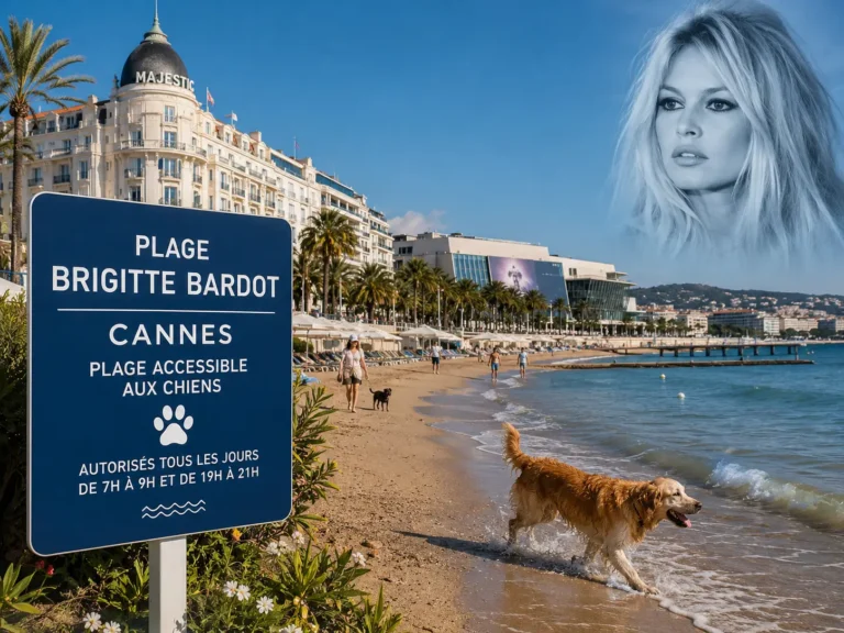 Dog runs along the newly renamed Brigitte Bardot Beach in Cannes near the Majestic Hotel on the French Riviera.