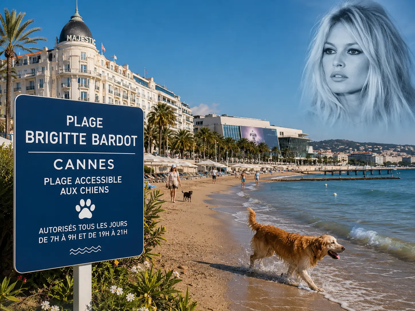 Dog runs along the newly renamed Brigitte Bardot Beach in Cannes near the Majestic Hotel on the French Riviera.