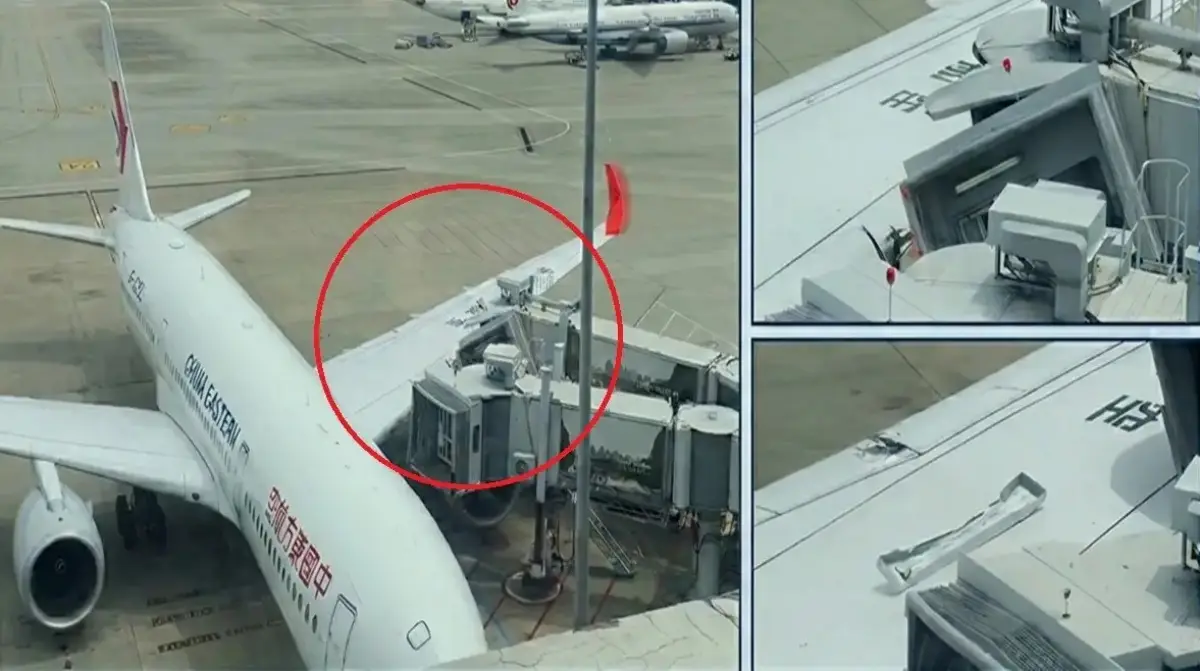 China Eastern Airlines aircraft after minor collision with aerobridge at Shanghai Hongqiao Airport