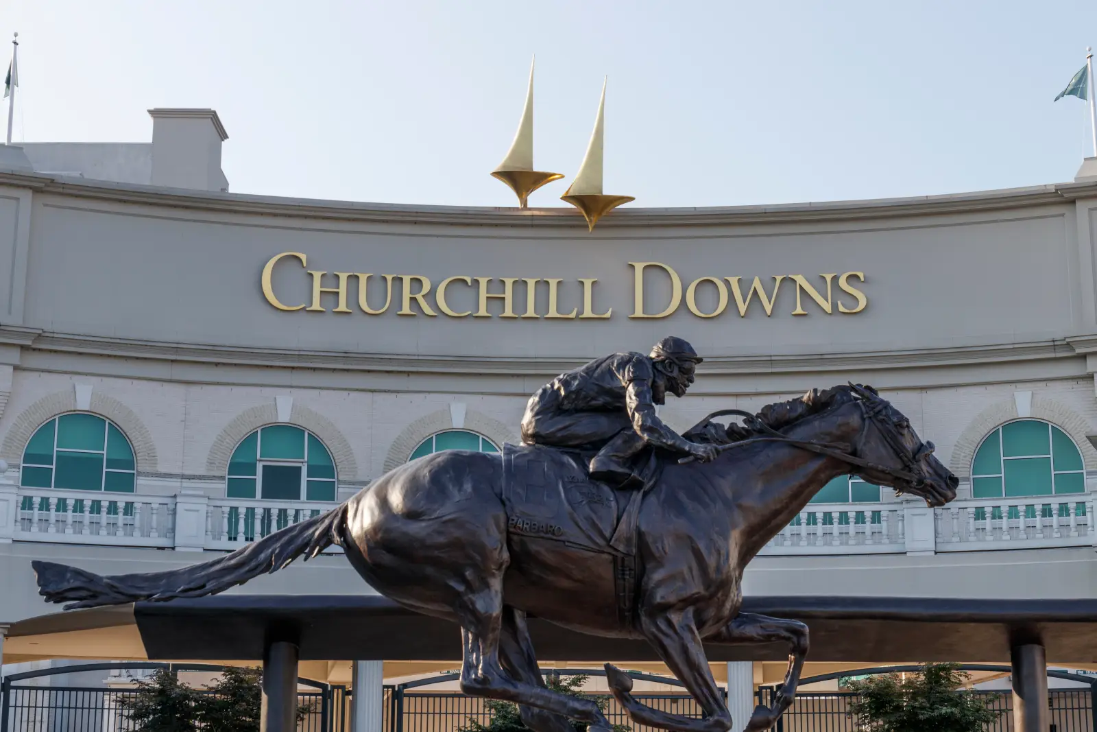 Churchill Downs entrance with the Barbaro bronze statue in the foreground