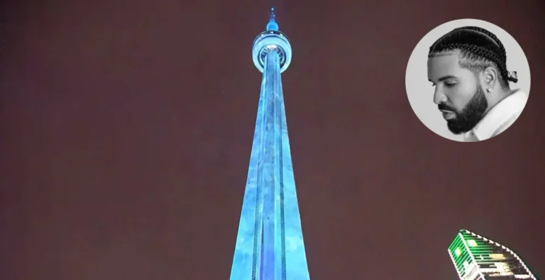 CN Tower lit in icy blue light during Drake's Iceman album launch in Toronto