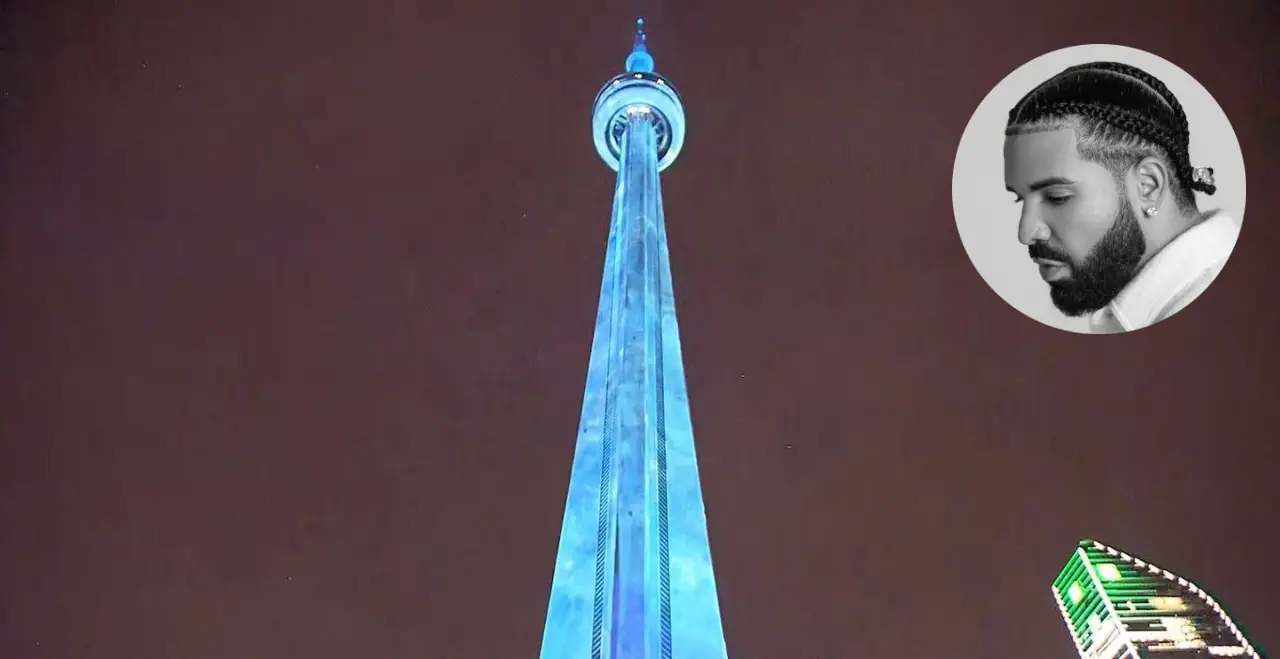 CN Tower lit in icy blue light during Drake's Iceman album launch in Toronto